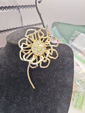 Vintage SARAH COVENTRY Flower Brooch, Rhinestones, Gold Tone, Statement, Signed